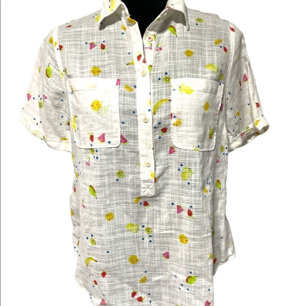 White Summer Lightweight Button Down S/S Fruit Themed Small